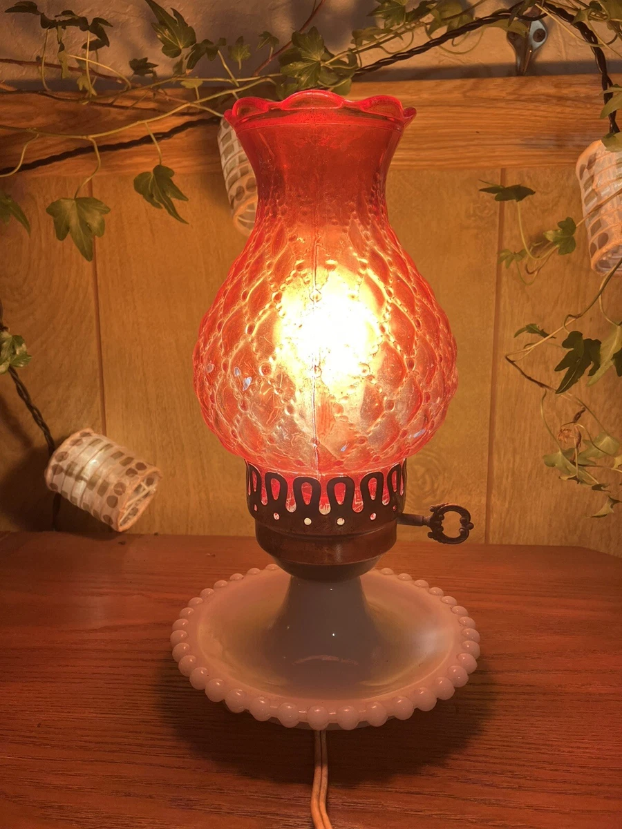 vintage milk glass Red Quilted hurricane lamp electric
