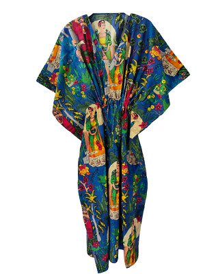 Indian Blue Frida Printed Cotton Hippie Maxi Women Nightwear Caftan Dress