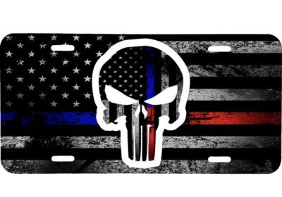 THIN BLUE RED LINE FLAG WITH PUNISHER SKULL VEHICLE LICENSE PLATE AUTO CAR TYL