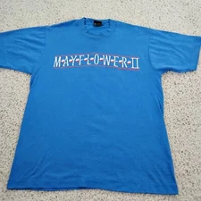 VINTAGE Screen Stars Shirt Mens L Blue Mayflower Single Stitch Boat Ship USA 90s