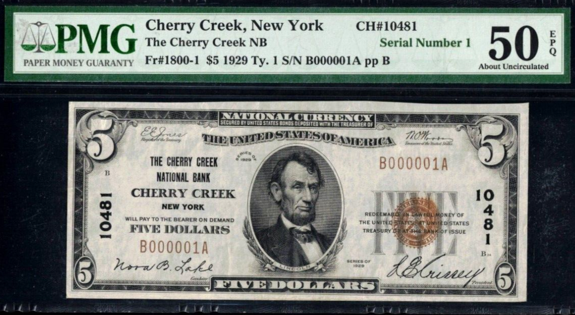 1929 5 National Bank Cherry Creek, New York CH 10481 PMG 50EPQ serial