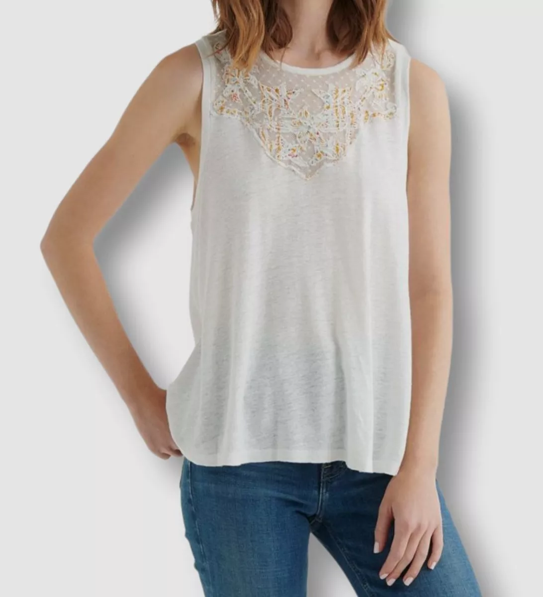 $60 Lucky Brand Women's White Applique Yoke Crew Neck Tank Top Size L