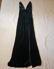 Fashion Nova Green Velvet Maxi Dress V-Neck Strappy Lace Up Back Stretch L