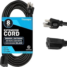 8 Ft Black Extension Cord - 16/3 Electrical Cable with 3 Prong Grounded Plug