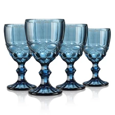 Blue Vintage Wine Glasses,Clear Water Goblet Glasses,Stemmed Drinking Glasses...