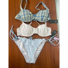 3 pieces Bikini Set Plaid White Underwire 2 Bra Swimsuit Tops Stripe Bottoms M
