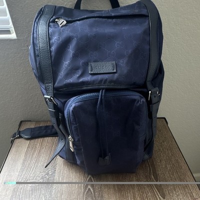 Gucci Navy Blue Monogram Backpack Adjustable Leather Strap Logo Hardware