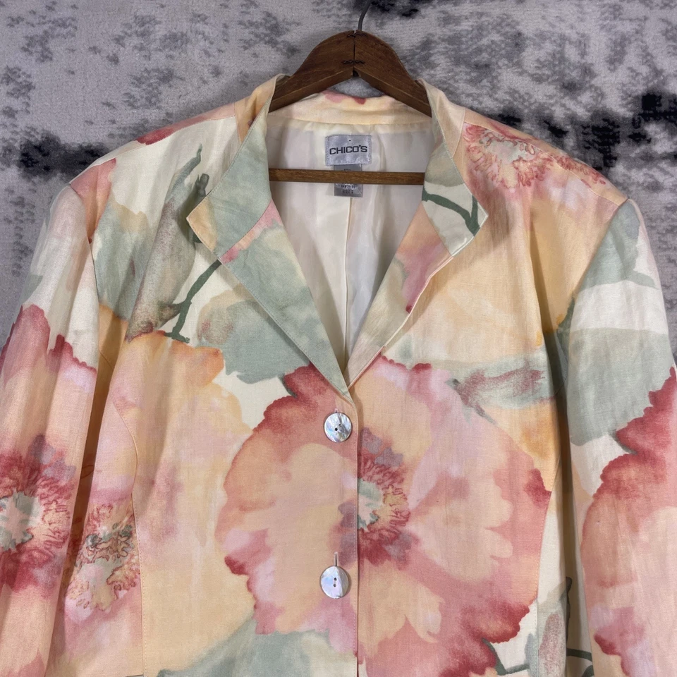 Chicos Jacket Shacket Womens Size 2 Floral Linen Button Up Vintage Pockets - Image 3 of 4