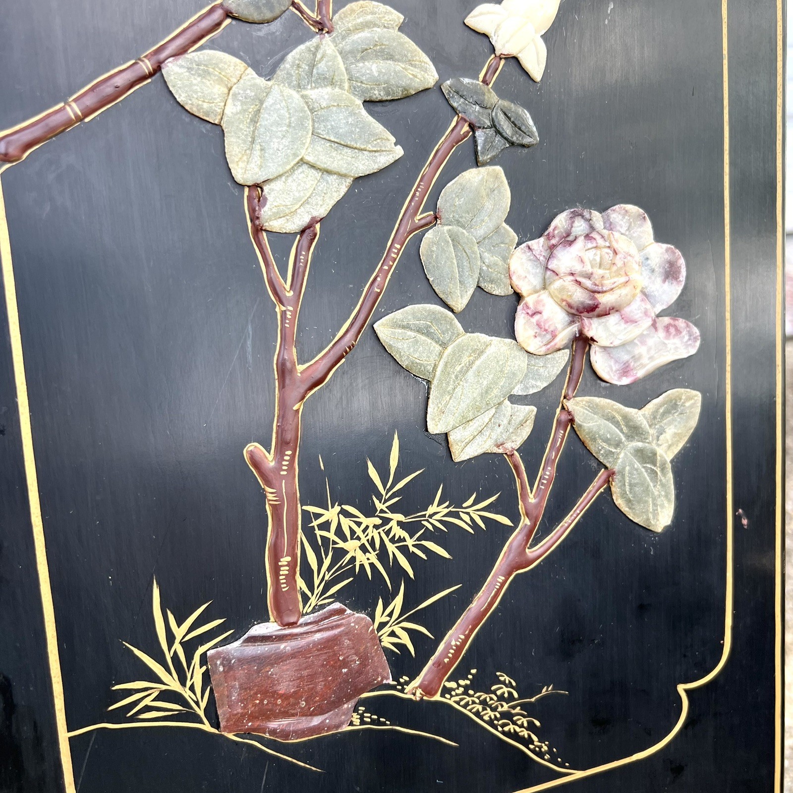 Chinese Black Lacquer Gold Hand Painted Cabinet Stone Relief Bird Flower MCM SEE