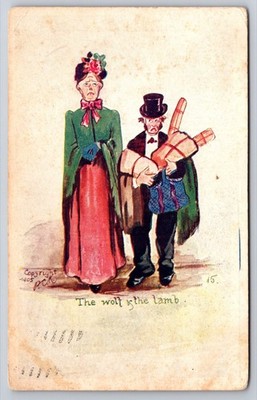 Antique Art Postcard Wolf & Lamb Couple Dressed Nicely USA Posted 1909