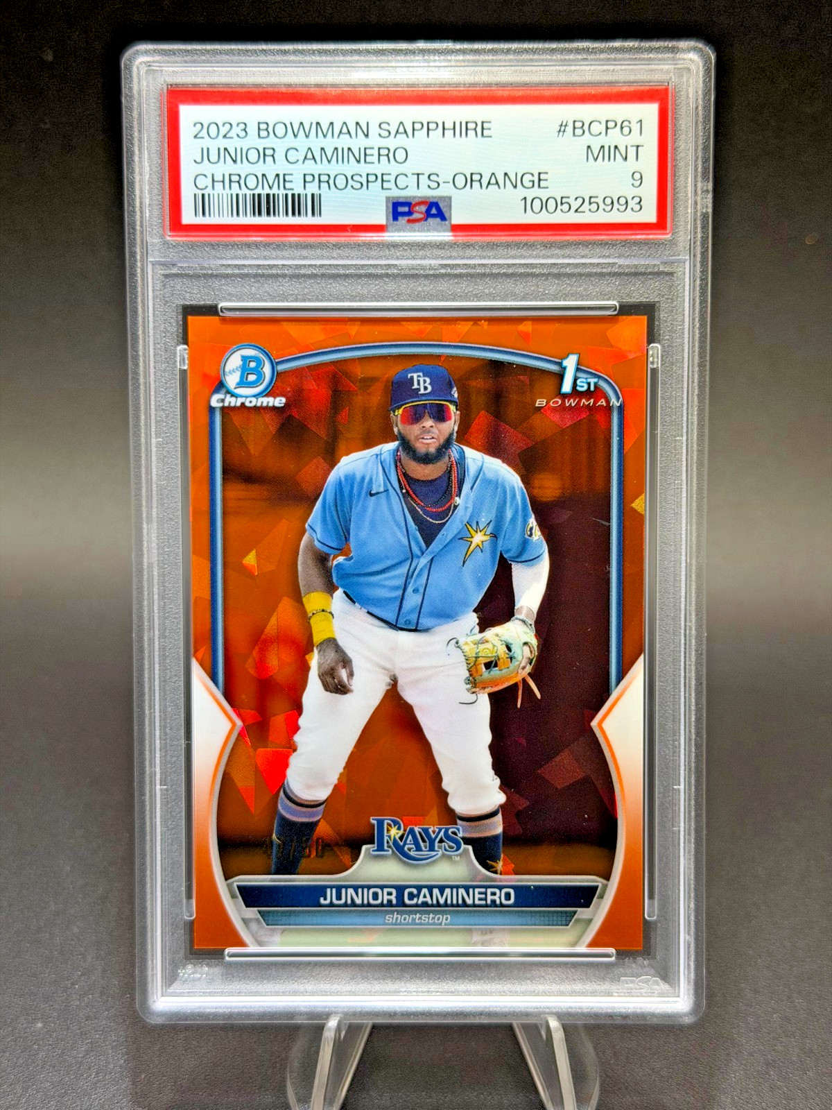 Junior Caminero PSA 9 2023 1st Bowman Sapphire #61 ORANGE SAPPHIRE /50 RC