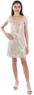 Speechless Big Girls Sequin Dress with Feather Shoulder - Beige Silver Size 14