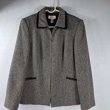 Talbots Women's Black White Tweed Wool Blazer Jacket Leather Trim Size 6