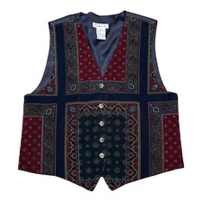 Vintage Talbots Corduroy Vest S Red Navy Paisley Medallion Button Up USA Made