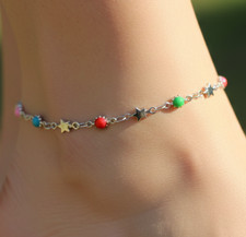 Silver Star Charm Anklet for Women Dainty Colorful Bead Anklet Cute Boho Foot