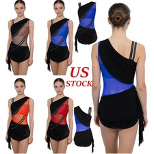 US Womens Figure Skating Bodysuit Rhinestones Skirt Buttoned Crotch Jumpsuits