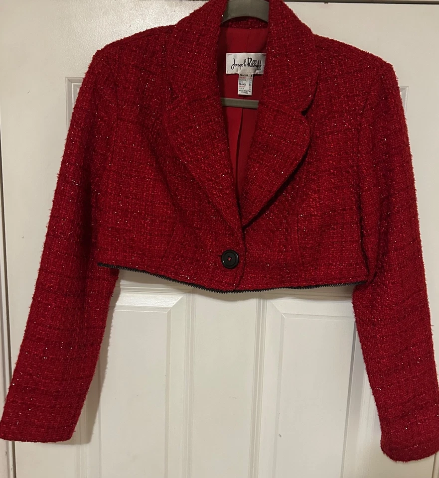 Blazer Joseph Ribkoff Rojo Tweed Tencel Brillante Versátil Cremallera Talla 8 Usado en excelente estado Foto 4 de 4