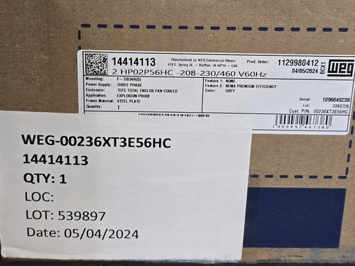 Weg AC Motor 00236XT3E56HC, 2 HP, 3450 RPM, 208-230/460VAC, 60Hz, 3Ph, 56HC - Imagen 9 de 10