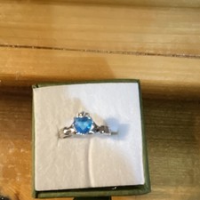 Silver Band Ring Blue Heart-Shaped Stone Solitaire Prong Setting Metal
