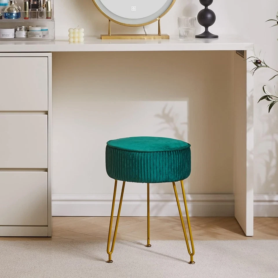 Velvet Round Footrest Stool with Golden Steel Legs – Creamy-White Vanity Seat - Image 2 of 4