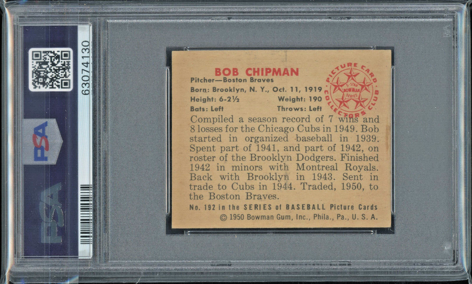 1950 Bowman #192 Bob Chipman PSA 6 Boston Braves Vintage Baseball Card view 3