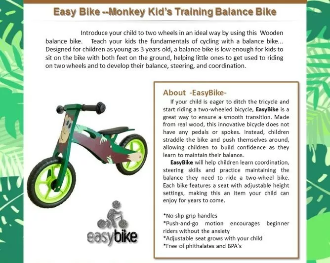 Easy Bike Monkey Green kids training balance bike eBay