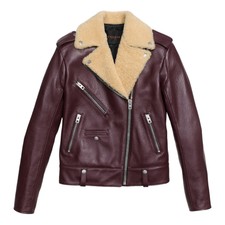 Coach Boys Biker Women's Italian Shearling & Leather Jacket, Large, Burgundy Nwt