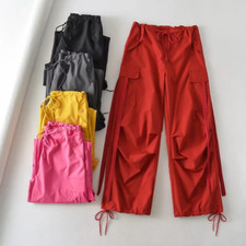 Women Drawstring Cargo Pants Low Waist Wide Leg Pocket Sweatpants Trouser Casual