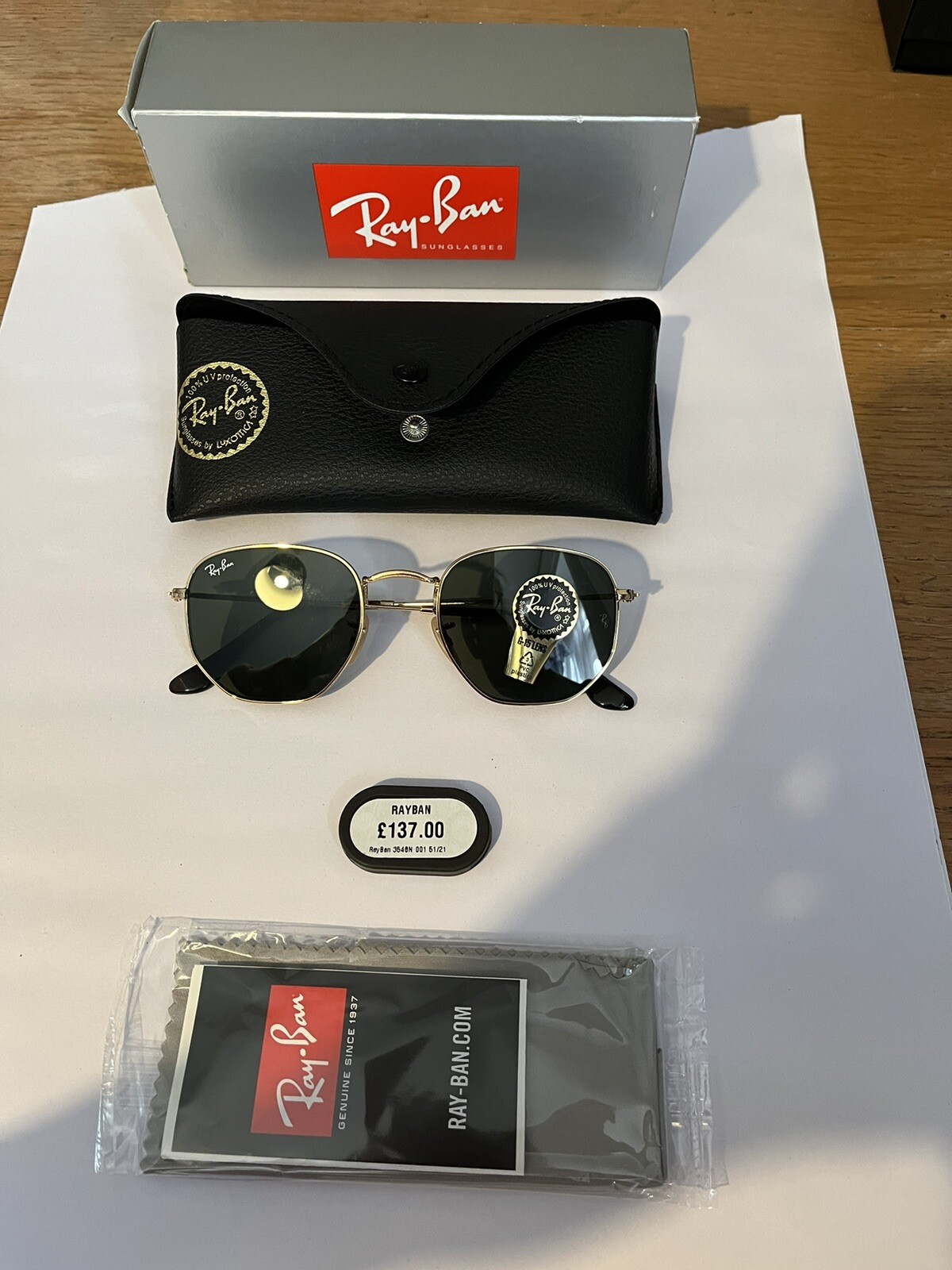 Ray-Ban Hexagonal Flat Sunglasses - Gold Frame with Polarized Green 