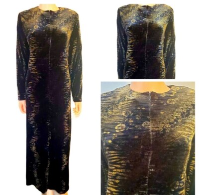 #F 70s j'adiro Vintage Velvet Dress Medium Flore Length Women's Black Gold