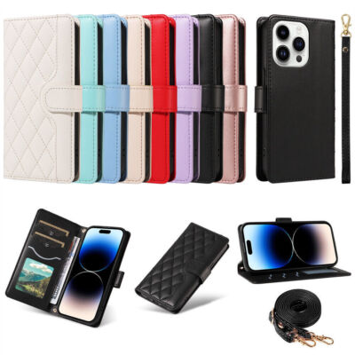Luxury Flip Strap Grid Leather Wallet Cover Case for 16 15 14 13 12 11 Pro Max
