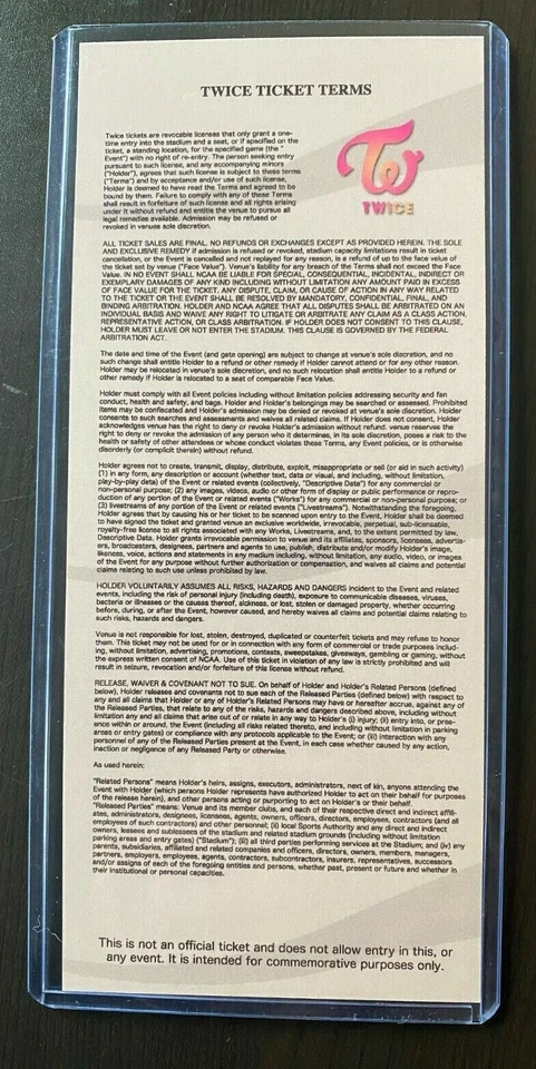 2022 TWICE World Tour Commemorative Replica Ticket Stub The FORUM 2/15 concert - Image 2 of 2