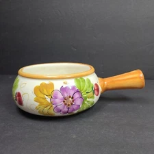 Vintage Portugal Pottery Ceramic Fondue Pot w/ Handle Hand Painted Floral FTD
