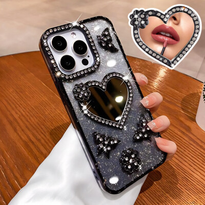 For iPhone 16 Pro Max 15 14 Plus 13 Diamond Love Heart Mirror