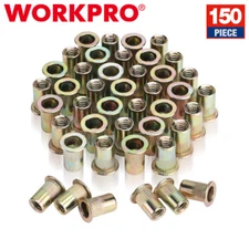 WORKPRO 150PC Rivet Nut 1/4"-20 Rivnut Zinc Plated Flat Head Threaded Insert Nut