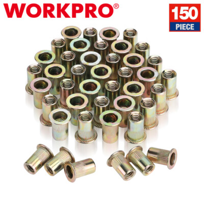WORKPRO 150PC Rivet Nut 1/4''-20 Rivnut Zinc Plated Flat Head Threaded Insert Nut