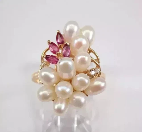 Natural White Pearl 3.50Ct Round Cut Vintage Cluster Ring 14K Yellow Gold Plated