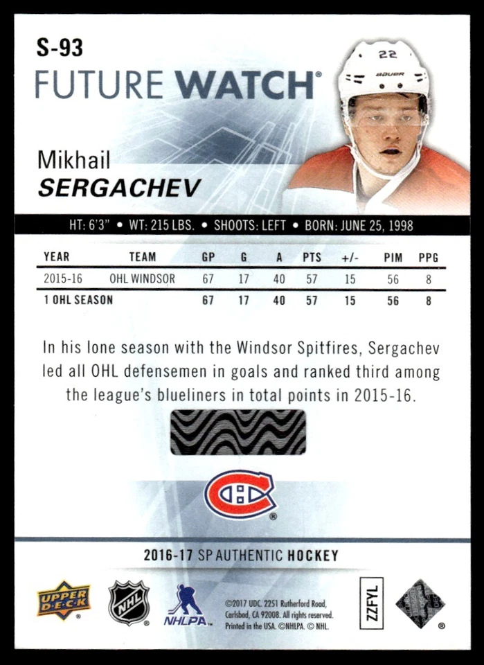 2016-17 SP Authentic Spectrum FX Mikhail Sergachev Montreal Canadiens #S-93 - Image 2 of 2