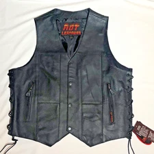 Mens Leather Motorcycle Biker Vest Lg Snap Front Pockets Hot Leathers NWT