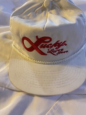 Rare vintage Lucky Lager Embroidered Cap Hat White 70s-80s