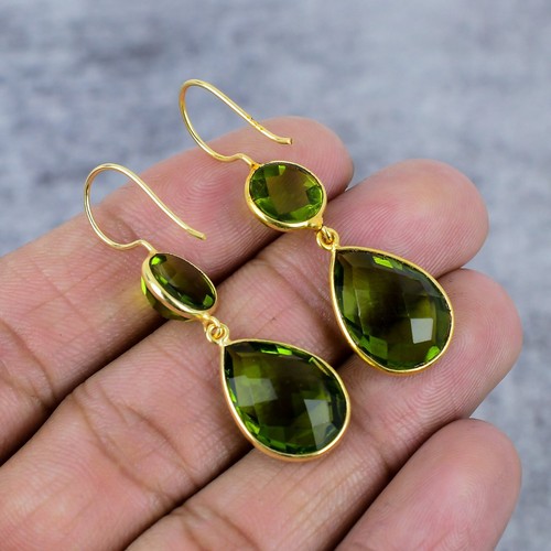 Peridot Gemstone Handmade 925 Sterling Silver Earring Jewelry Gift For Her 2" - Picture 4 of 6