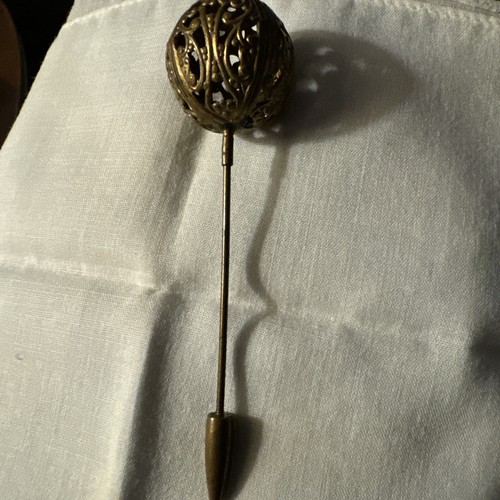 Victorian Hatpin Antique Ornate 1" metal Scroll ball head 3”.5 " shank Brass - Picture 5 of 5