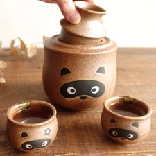 JAPANESE HANDICRAFT MINO POTTERY RACCOON SAKE SET FOR WARM OR COLD