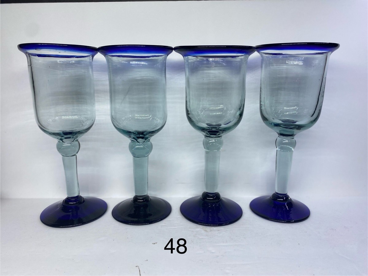 Pier 1 Hand Made Blown Wine Glasses Cobalt flared Rim & blue Base Made in  Mexico