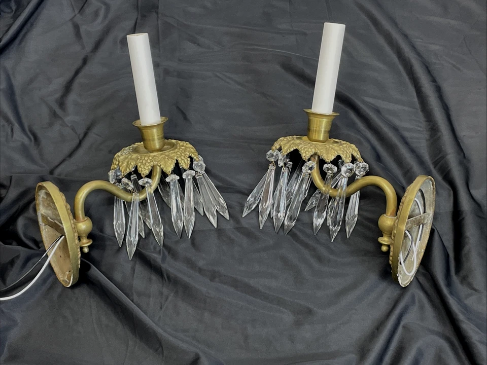 PAR RESTAURADOS Apliques de Pared de Cristal Antiguo De Colección Victoriano Art Deco Latón Ornamentado Foto 2 de 4