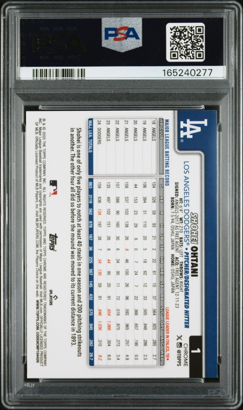 2025 TOPPS CHROME SAPPHIRE #1 SHOHEI OHTANI PSA 10 view 2