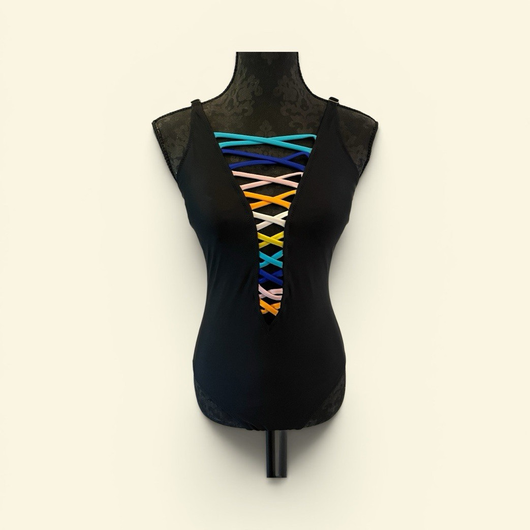 Women's One Piece Swimsuit Black Multicolor Criss Cross Straps Size L