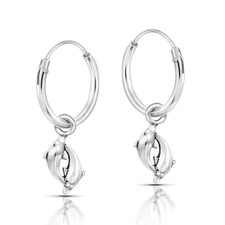 Cute Duo Dolphin Dangle Hoop .925 Sterling Silver Earrings