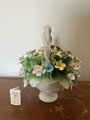 Capodimonte Pink, Blue, Yellow Flower Basket W/COA  Few Small ChipsPetals In Box