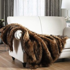 Luxury Plush Faux Fur Throw Blanket, Long Pile Brown with Black Tipped Blanke...